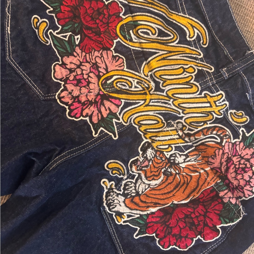 Embroidered Tiger & Floral Denim Jeans - Navy with Red, Pink & Yellow Accents